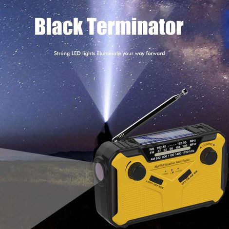 Radio d'urgence solaire à manivelle avec batterie externe intégrée, jaune, pour la prévention des catastrophes et les prévisions météorologiques. Idéale pour une utilisation en extérieur. (1/5)