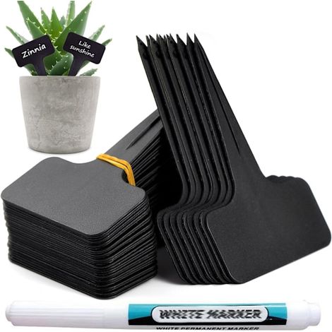 100 étiquettes de jardin en plastique pour plantes d'extérieur, type T, avec stylo imperméable réutilisable (noir) (1/5)