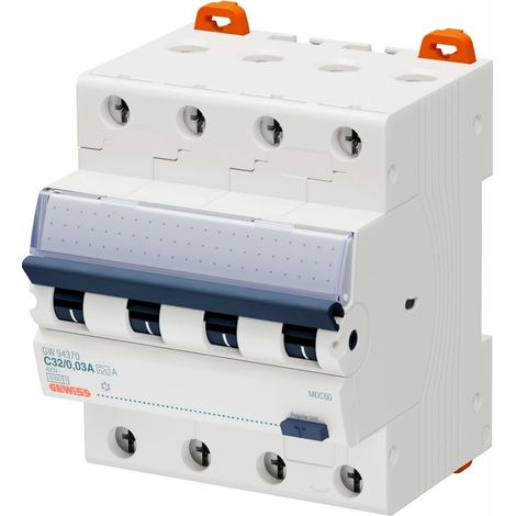 Gewiss INTERRUPTOR AUTOMÁTICO DIFERENCIAL KOMPACT - MDC 60 - 4P CARACTERÍSTICA C 32A TIPO A Idn=0,03A - 4 TE, GW94370