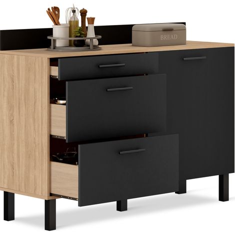 Idmarket – Buffet bas casserolier de cuisine 120 cm – Plan de travail H.83 cm – 1 porte + 3 tiroirs – Finition hêtre et noir