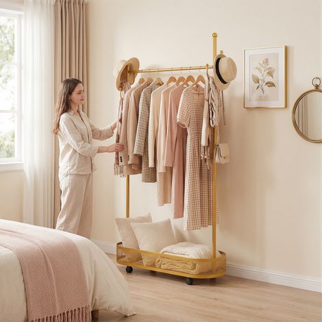 FLASIDU – Multifunktionsgarderobe mit Ablagekorb, 360° drehbare Rollen, aus hochwertigem Metall, 80 x 32 x 170 cm, Gold