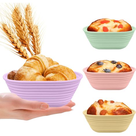 Panier de Fermentation Pliable en Silicone, Bol à Pain Résistant à la Chaleur, Outil de Boulangerie, Rond 22,9 cm 9 Pouces, Lot de 4 Rose Vert Violet Jaune (1/5)