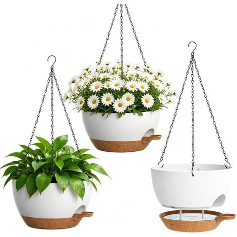 Lot De 3 Pots De Plantes à Suspendre, JardinièRe Avec Trous De Drainage Et ChaîNes MéTalliques, Suspension Pour Plantes Et Fleurs D'IntéRieur, DéCoration De Jardin Pour IntéRieur Et ExtéRieur (Blanc) (1/5)