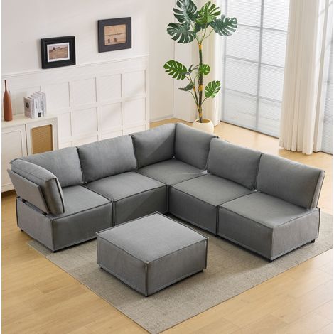 Modulares Ecksofa Stoff hellgrau, flexibel kombinierbar, zum extra langen Gästebett umbaubar (1/5)