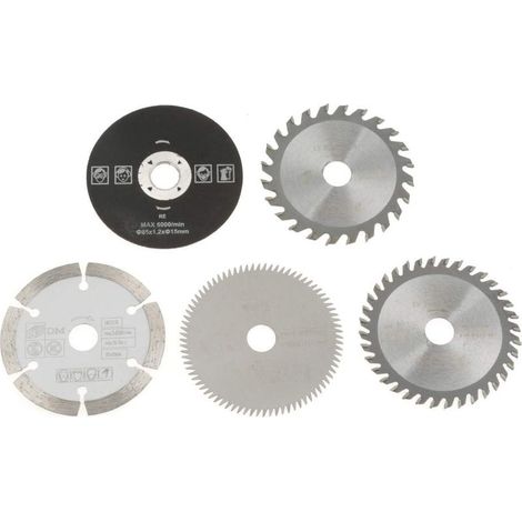 Lot de 5 lames de scie circulaires miniatures en carbure de tungstène (24 dents TCT/plastique, 36 ou 80 dents HSS/diamant/résine), de diamètre intérieur 85 mm et d'épaisseur 15 mm. Durables. (1/5)