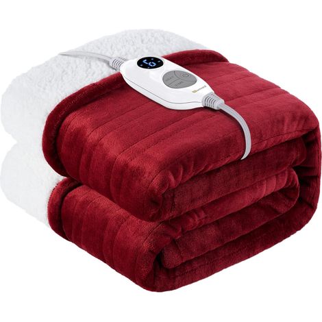Couverture Chauffante Électrique 130x180 cm, Rouge Flanelle Sherpa, 6 Niveaux De Température, 1-10 Heures Arrêt Automatique (1/5)