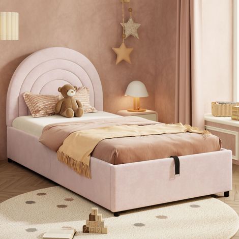 Letto singolo imbottito 90x200cm Letto per bambini Letto contenitore Testiera Rete a doghe Sollevatore idraulico Velluto per adulti e ragazzi Rosa