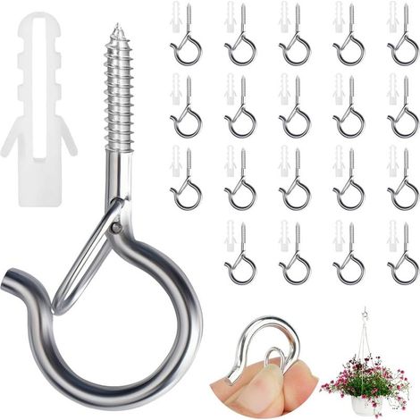 20 Pièces Crochet à Visser, Crochet Mural a Visser, Forme Q Crochets à Visser avec Boucle de Sécurité, Crochet a Visser Inox, Crochet a Vis Sécurité pour Plantes, Lanternes et Décoration de Fête (1/5)