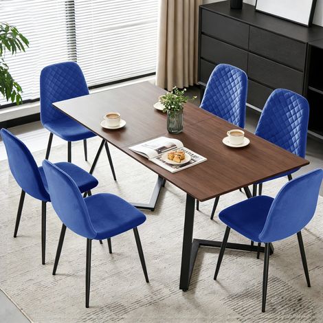 NEW 150CM Wooden dining table and 6 chairs set MDF table top Blue Velvet Seat Metal Leg Chairs (1/5)