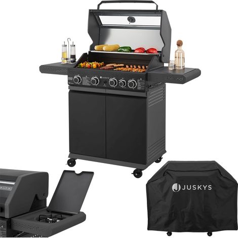 Juskys BBQ Gasgrill Savannah - 4 Brenner und 1 Seitenbrenner - XXL Stahl Gas Grill mit Gusseisen Grillrost, Kochfeld, Unterschrank für Gasflasche (1/5)