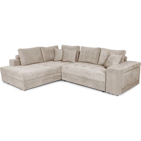 Canapé d'angle TAMIA convertible avec coffre et 2 poufs en tissu - Beige, Angle Gauche (1/5)