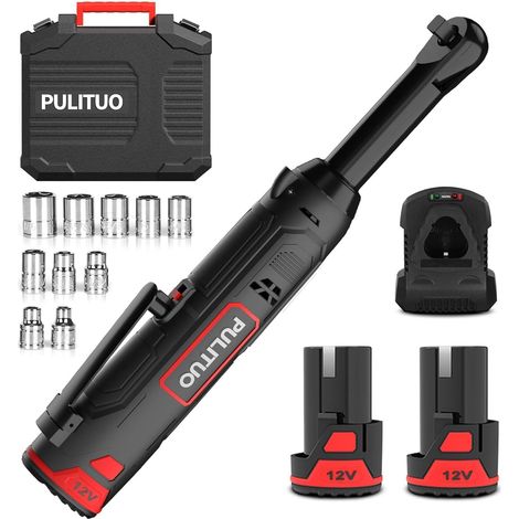 12V 3/8" Extended Neck Electric Ratchet Wrench Set with 2 x 2.0Ah Batteries and Quick Charge, 300RPM Cordless Ratchet with 10 Inserts (1/5)