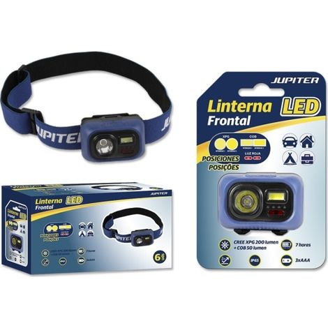 Jupiter linterna frontal led 200lm + cob 50lm - resistencia ip65 - goma ajustable para cabeza - funciona con 3 pilas aaa (no incluidas) - color azul