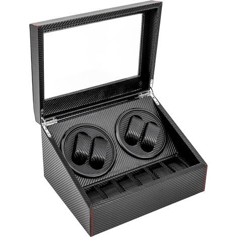 Boîte de rangement automatique en cuir PU pour montre 4 + 6 - Boîte de rangement en fibre de carbone - Cadeau, Noir (1/5)