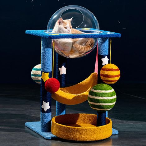 Arbre à chat design ciel étoilé avec hamac et niche transparente
