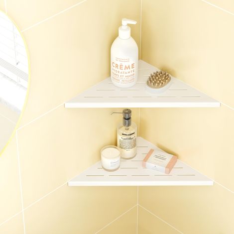 Étagère d'angle à 90° en Acier Inoxydable, Porte Savons Douche Triangulaire pour Mur Carrelé, Rangement de Salle de Bain Aucune perceuse requise, Lot de 2, 25CM, Blanc (1/5)