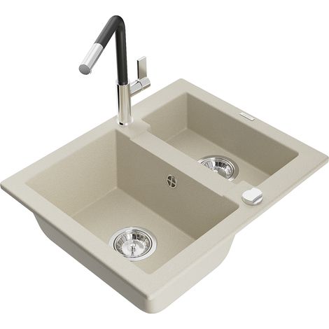 Mexen Carlos 1,5-Becken-Granitspüle mit Mischbatterie Flora, Beige - 6518-69-670401-07 (1/5)
