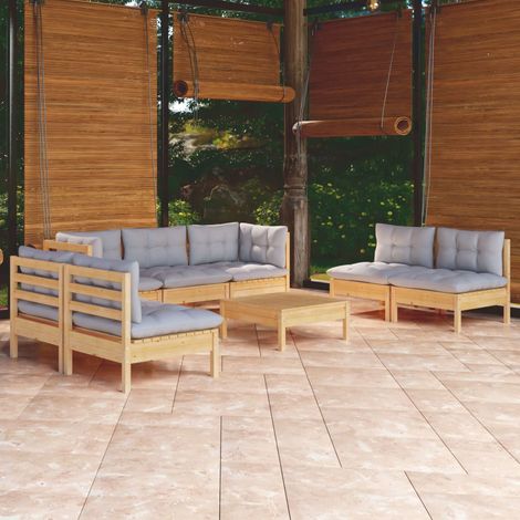 8 pcs Salon de jardin Salon d'extérieur Ensemble Meuble de Jardin Mobilier d'Extérieur avec coussins gris Bois de pin massif XFNRX280199 (1/5)