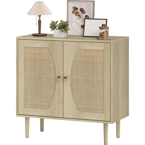 cannage 80 x 38 x 79 cm effet, avec 2 niveaux, bois naturel, meuble de rangement double, cuisine, portes, façade, Buffet de (1/5)