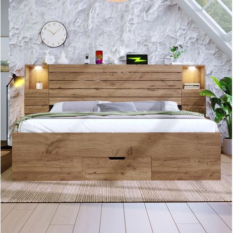 Cama dormitorio 160x200 con LED y USB C roble OKMYHOME (1/5)