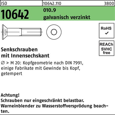 Vis à tête fraisée ISO 10642 à 6 pans creux M10x 25 010.9 galv. 200p.