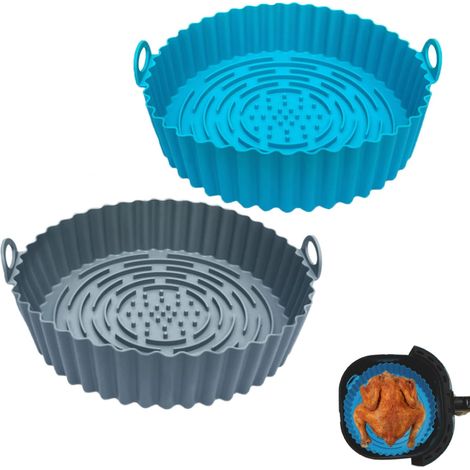 Luftfritteusen-Silikontopf, 2 Stück Luftfritteusen-Zubehör 20 cm rund und wiederverwendbares Druckluft-Fritteusen-Zubehör für Kochgestell, Bratofen, Mikrowelle (Grau + Blau) (1/5)