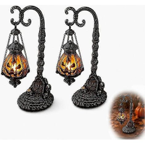 Lanterne citrouille LED d'Halloween, lampe de table suspendue style gothique vintage Jack O'Lantern avec détails de crâne et base en forme de pierre tombale RIP pour décoration de maison hantée (2 piè (1/5)