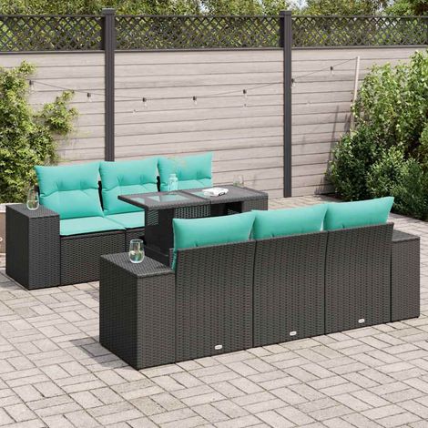 Salon de jardin 7 pièces avec rangement en résine tressée noire et coussins bleus - PANGIVO (1/5)