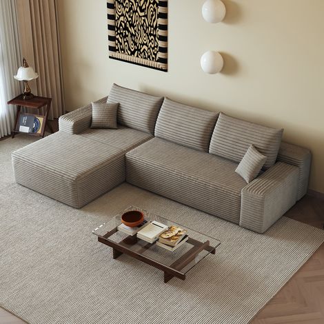 Sofá esquinero modular de 270 cm con chaise longue reversible, no requiere montaje, tejido de pana color camel para salón. (1/5)