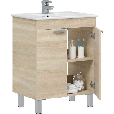 Mobile Sottolavabo Polino, 2 Ante, Apertura Battente, Piedini Alluminio, 60x45x80h cm Marrone Rovere