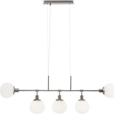 Lampadario Sospensione Erich Metallo Nichel 5 Luci E Diffusori Bianchi (1/5)