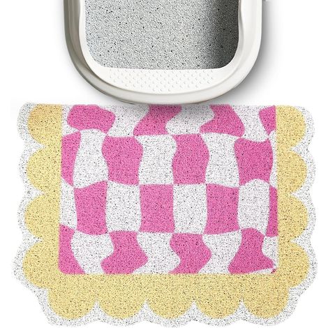 Tapis pour bac à litière 60×40 cm, grand format, pour chats d’intérieur, antidérapant et imperméable (Chessboard, Coral Pink) (1/5)