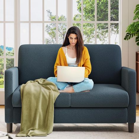 2-Sitzer Sofa 130cm Klein, Werkzeugfrei Aufstellbar, Teddy Stoff, Blau Grau (1/5)