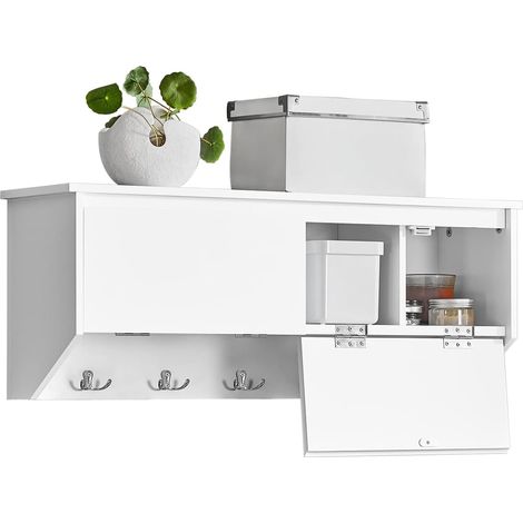 SoBuy FHK24-W Wandgarderobe Flurgarderobe Kleiderhaken Hängeregal mit 2 Klappen und 5 Haken Wandregal Garderobe weiß BHT ca.: 78x30x20cm (1/5)
