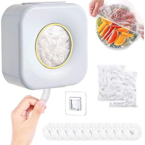 Boîtes de rangement pour film plastique (blanches), distributeurs de film étirable, boîte carrée, anti-poussière, organisateur de sacs de rangement mural pour cuisine avec 100 sachets. (1/5)