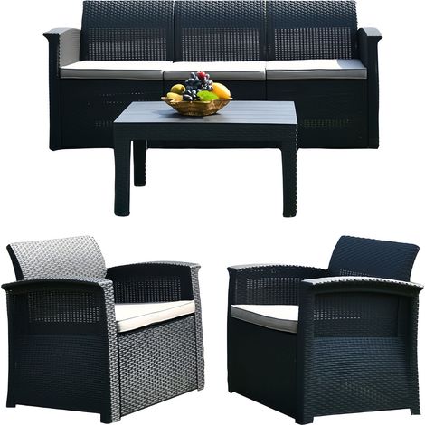 Relaxdays Gartenmöbel Set, 4-teilige Rattan Sitzgruppe, 5 Personen, Bank, Sessel & Tisch, Loungemöbel, outdoor, Farben