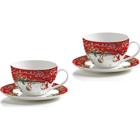 Fade Cadeaux Set 2 Tazze Colazione Natalizie con Piattino 400 Ml Rosso