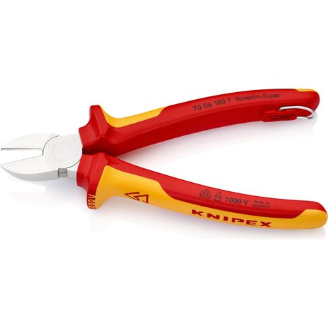 KNIPEX 70 06 180 T Tronchese laterale isolante con manici rivestiti in materiali multicomponenti, collaudati VDE con anello di fissaggio isolante incorporato per agganciare una protezione anticaduta c