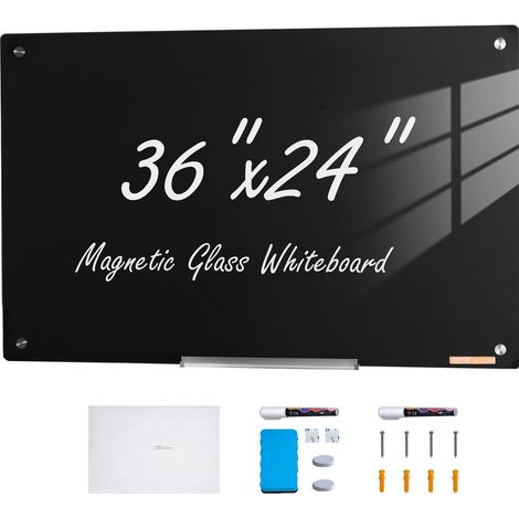 Tableau Magnétique Effaçable à Sec en Verre Noire 90 x 60 cm, Grand Tableau Mémo Mural sans Cadre, avec Plateau de Marqueurs, un Effaceur et 2 Marqueurs, pour Bureau École Restaurant Domicile (1/5)