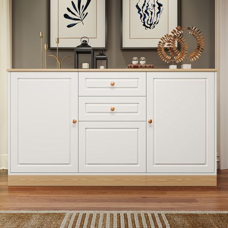 Credenza 3 porte 2 cassetti 135,5 x 39 x 76 cm bianco e legno DESVIAE (1/5)