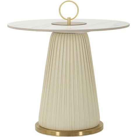 Tavolino rotondo Nova in ceramica e ferro con base plissettata avorio e oro
