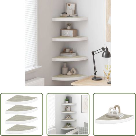 Wandregal - Eck-Schweberegale 4 Stk. Eichen-Optik und Weiß 35x35x3,8 cm MDF (1/5)