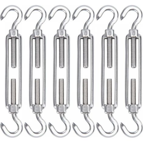 Tensor de cable de acero inoxidable M5, paquete de 6 ganchos tensores de alambre y ganchos de tensión resistentes y ajustables para instalar cuerdas, cables, tendederos y cercas de sombra. (1/4)
