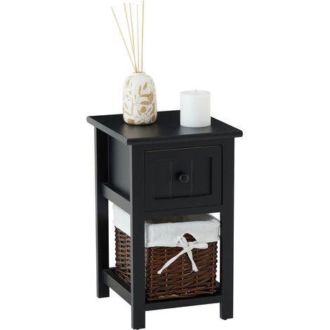 Idimex – Table de chevet en bois de paulownia lasuré noir – 1 tiroir et panier en osier – Style campagne – Dimensions 46x28x31cm (1/4)