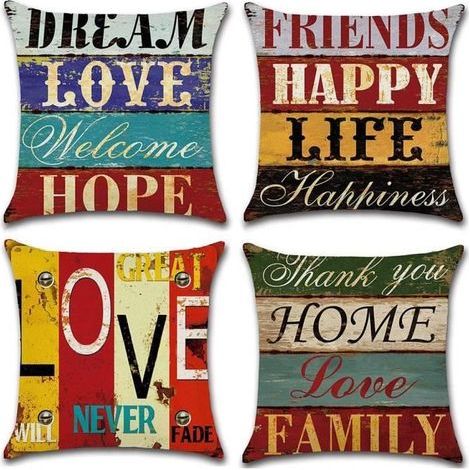 Vintage-style cotton and linen pillowcase set of 4. Square cushion cover 45 x 45 cm for bed, sofa, or car.