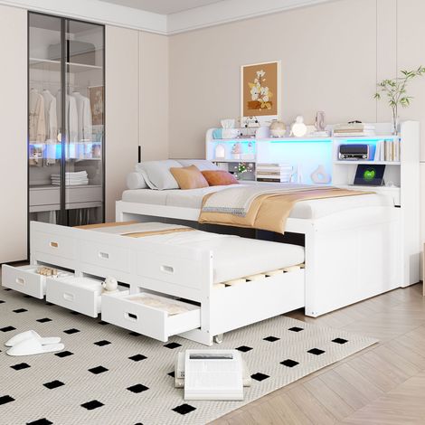 DESVIAE Lit banquette gigogne 90 x 200 cm avec LED USB Type C 3 tiroirs rangement tablette de chevet blanc (1/5)