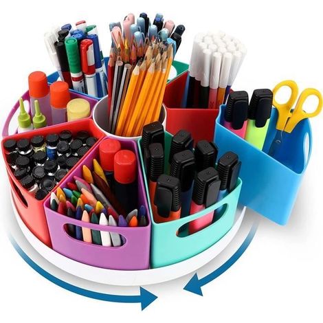 Organisateur de Bureau - Rangement Crayon - 360° - 9 Compartiments - Enfant - Plastique Coloré (1/4)