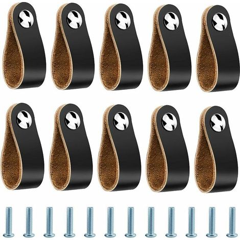 royaluxe - Poignee Cuir, 10 Pièces Poignées Meuble en Cuir pour Salle de Bain Cuisine Armoires de Portes - 14 x 2.5 cm, Noir (1/5)