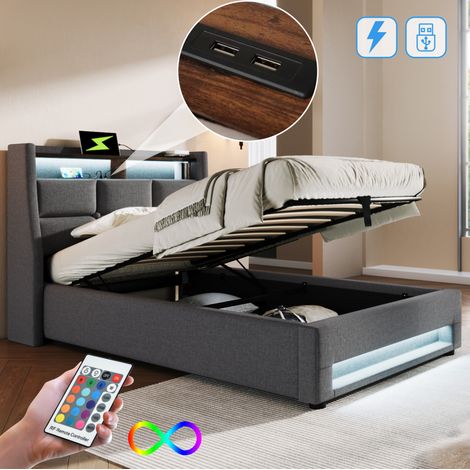 Cama tapizada 90/200 cm gris de lino con LED, USB y arcón abatible (1/5)