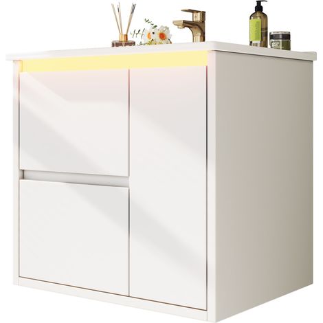 Mueble de baño suspendido 61x46,5x57 cm con lavabo cerámico LED sensor 2 cajones blanco (1/5)